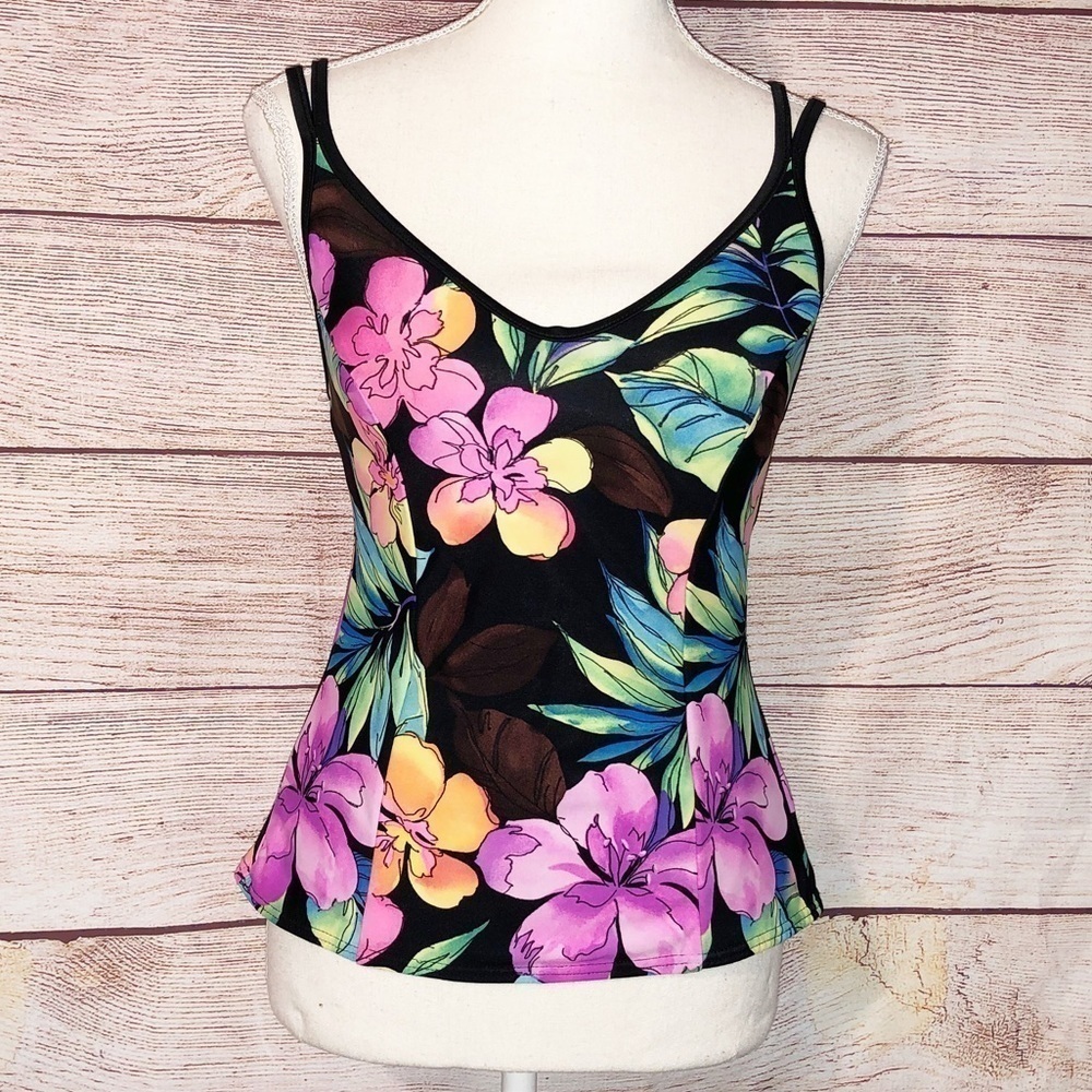 Miraclesuit Black and Purple/Pink Orchid Floral Double Strap Tankini Top Size 8